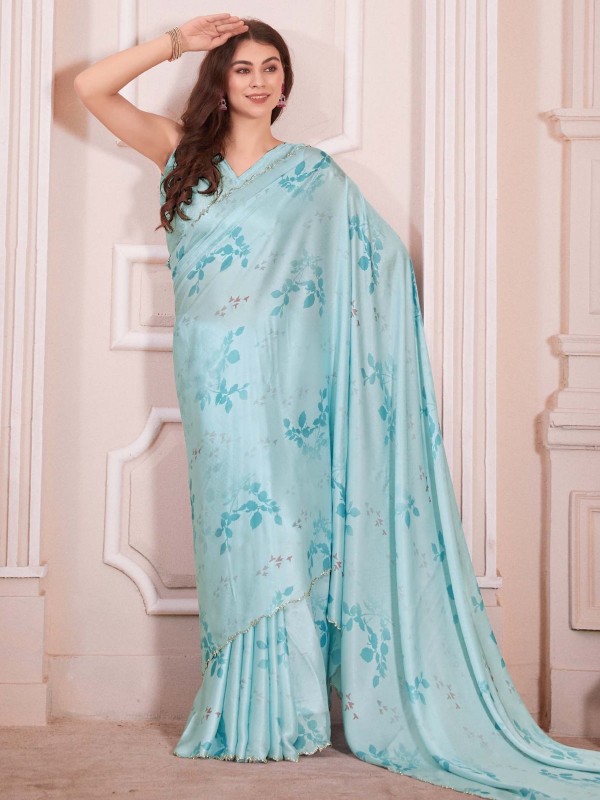 Light Aqua Pure Satin Georgette Digital Print Saree